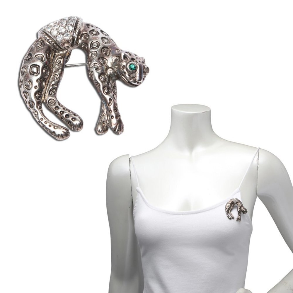 Vintage Rhinestone Jaguar Cat Brooch Pin Silver Metal Crystal Leopard Animal